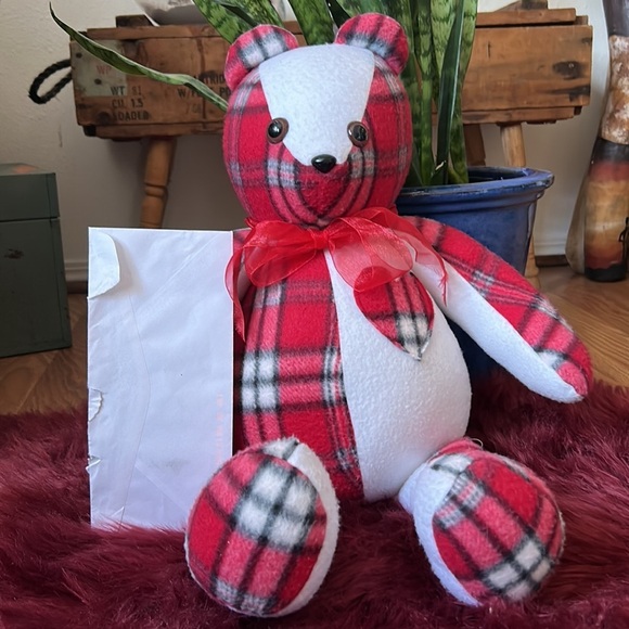 Handmade Plaid Large Red Heart Teddy Bear 12 inch - Picture 8 of 8
